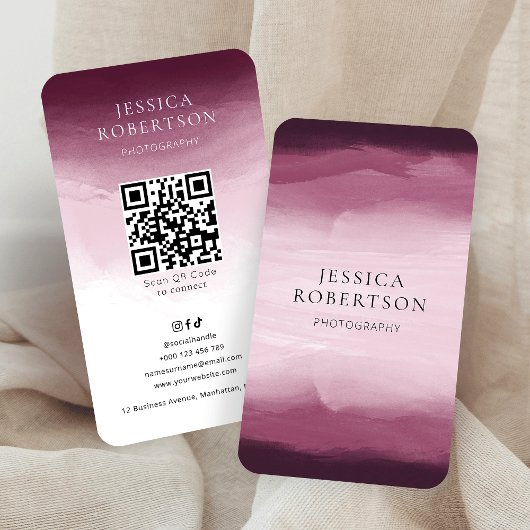 水モダン色レッドピンクソーシャルメディアQRコード 名刺