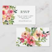 水モダン色レッドピンクフローラ結婚式RSVP エンクロージャーカード (正面/裏面)