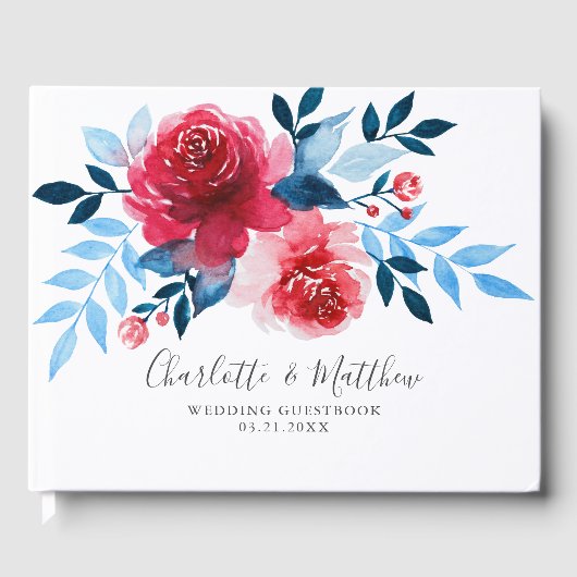 水モダン色レッドブルーフローラ結婚ズ ゲストブック (正面)