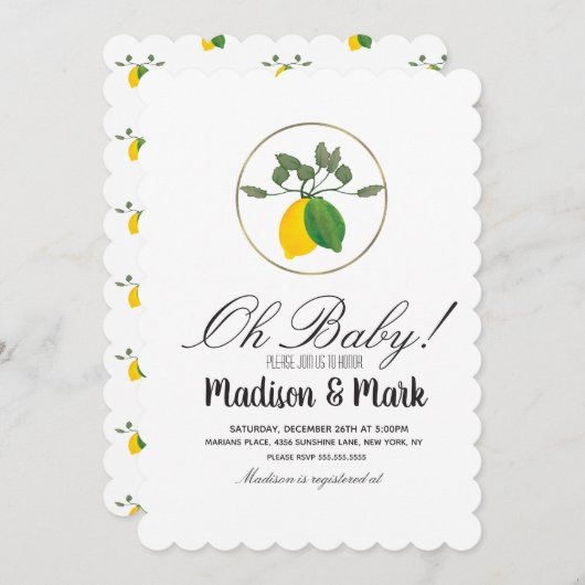 水モダン色レモンフォイルリングや輪ベビーシャワー 招待状 (正面/裏面)