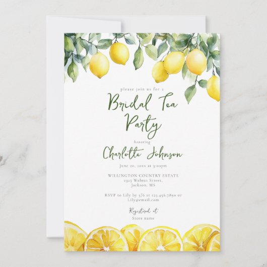 水モダン色レモンブライダルシャワー茶パーティー 招待状 (正面)
