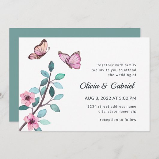 水モダン色ロマンチックな庭園の結婚式 招待状 (正面/裏面)