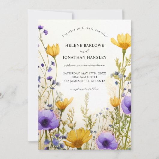 水モダン色ワイルドフラワーエレガントな結婚式 招待状 (正面)