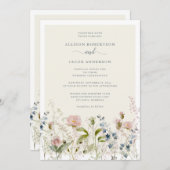 水モダン色ワイルドフラワーフローラブルー結婚ズ 招待状 (正面/裏面)