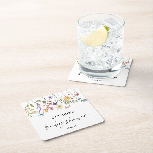 水モダン色ワイルドフラワーフローラ赤ちゃんシャワー スクエアペーパーコースター (インサイチュ)