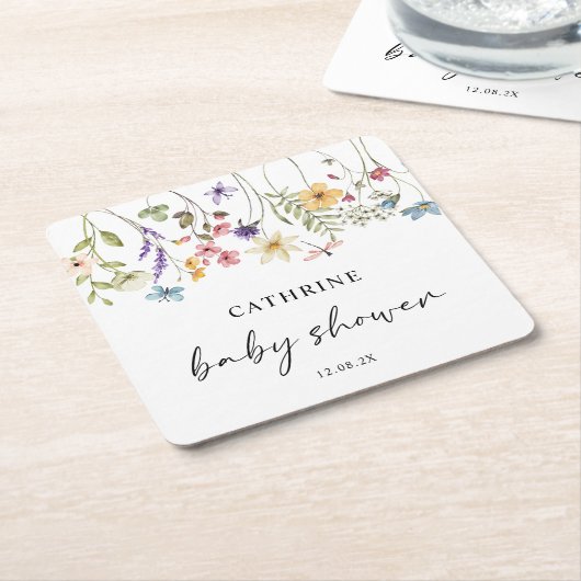 水モダン色ワイルドフラワーフローラ赤ちゃんシャワー スクエアペーパーコースター (アングル)