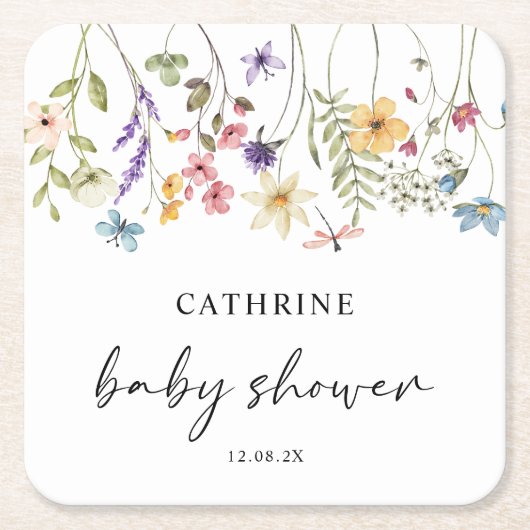 水モダン色ワイルドフラワーフローラ赤ちゃんシャワー スクエアペーパーコースター (正面)