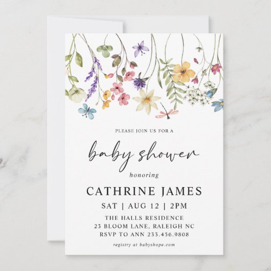 水モダン色ワイルドフラワーフローラ赤ちゃんシャワー 招待状 (正面)