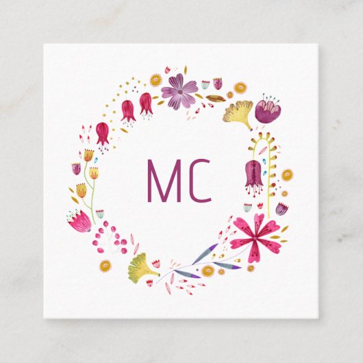 水モダン色ワイルドフラワーモノグラムイニシャル スクエア名刺 (正面)
