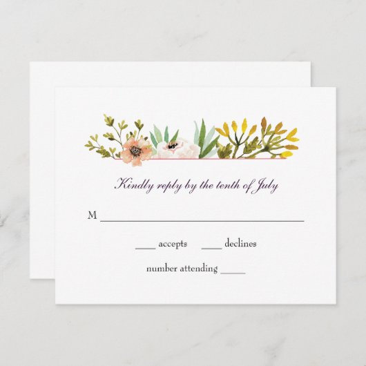 水モダン色ワイルドフラワー結婚ズ 出欠カード (正面/裏面)