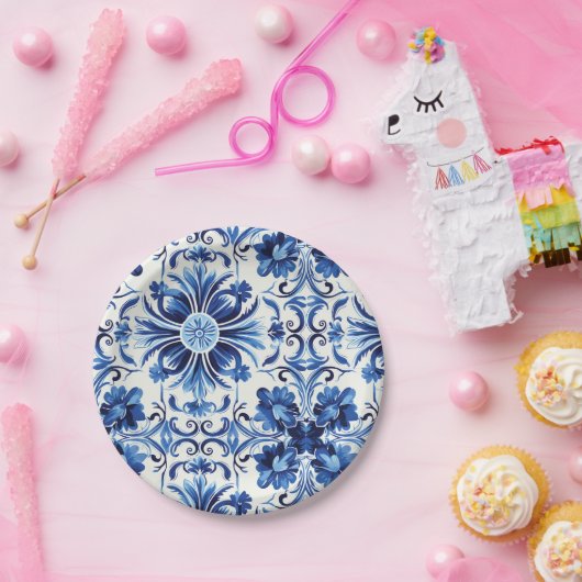 水モダン色地中海の青タイル ペーパープレート (パーティー)