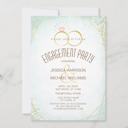 水モダン色婚約リングや輪ティール（緑がかった色）幾何学的 招待状 (正面)