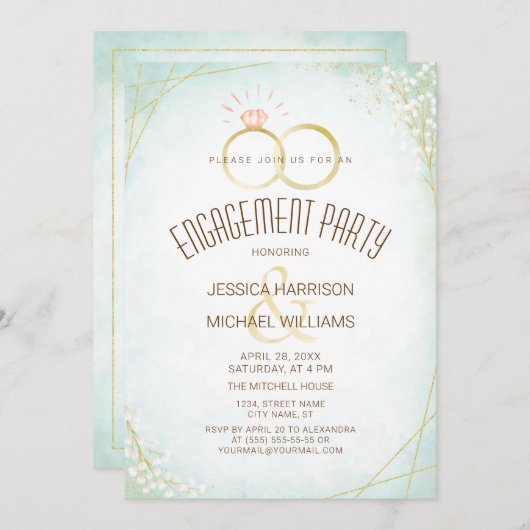 水モダン色婚約リングや輪ティール(緑がかった色)幾何学的 招待状 (正面/裏面)