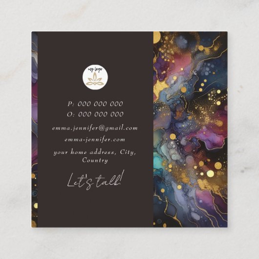 水モダン色抽象芸術パープルスクエアビジネス スクエア名刺 (裏面)