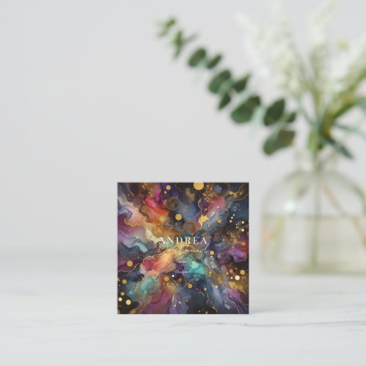 水モダン色抽象芸術パープルスクエアビジネス スクエア名刺 (スタンド正面)