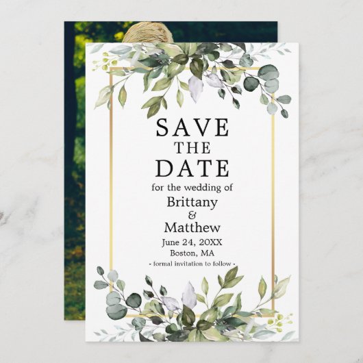 水モダン色植物緑色写真金ゴールド セーブザデート (正面/裏面)