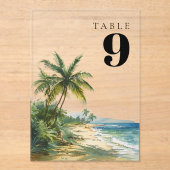 水モダン色熱帯ビーチ表番号 アクリル招待状 (正面)