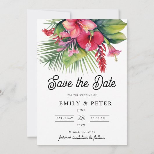 水モダン色熱帯植物保存日 招待状 (正面)