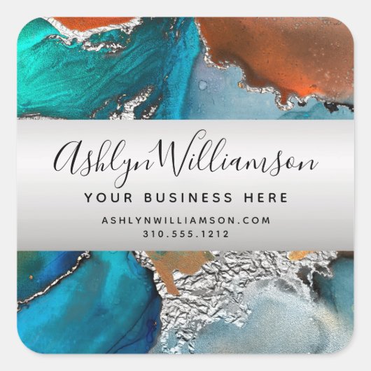 水モダン色瑪瑙ターコイズ銀オレンジ スクエアシール (正面)