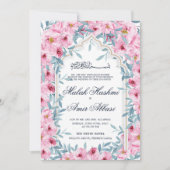 水モダン色赤面ピンクフローラムスリム結婚ズ 招待状 (正面)