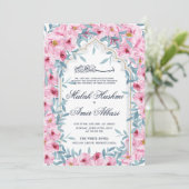 水モダン色赤面ピンクフローラムスリム結婚ズ 招待状 (スタンド正面)