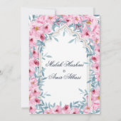 水モダン色赤面ピンクフローラムスリム結婚ズ 招待状 (裏面)