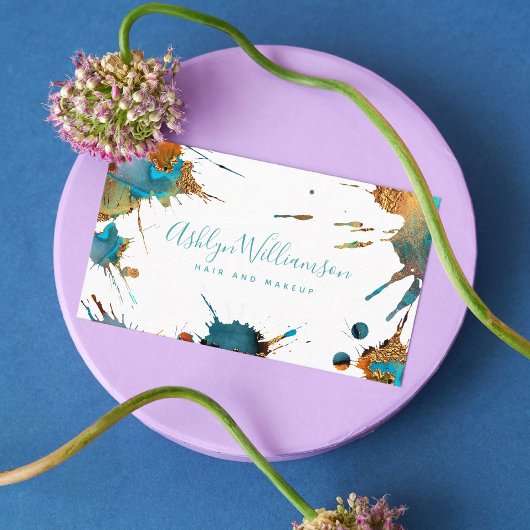 水モダン色金ゴールドターコイズオレンジ（ばちゃばちゃ）跳ねる 名刺