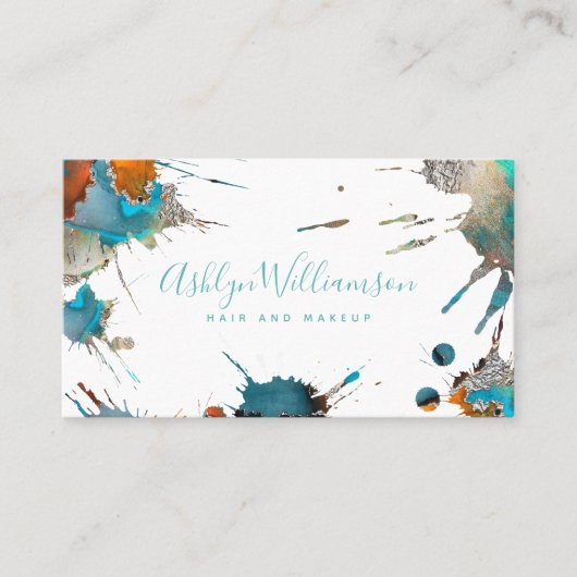 水モダン色銀ターコイズ(ばちゃばちゃ)跳ねるスクリプト 名刺 (正面)