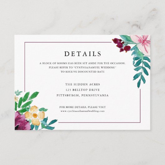 水モダン色開花結婚詳細 エンクロージャーカード (正面)