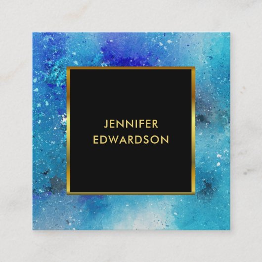 水モダン色（ばちゃばちゃ）跳ねるプロフェッショナル黒金ゴールド スクエア名刺 (正面)