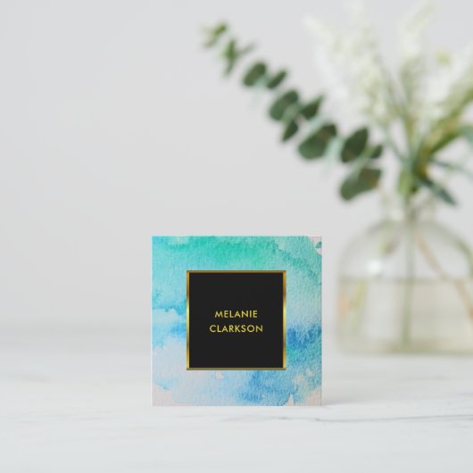 水モダン色（ばちゃばちゃ）跳ねる黒金ゴールドプロフェッショナル スクエア名刺 (スタンド正面)