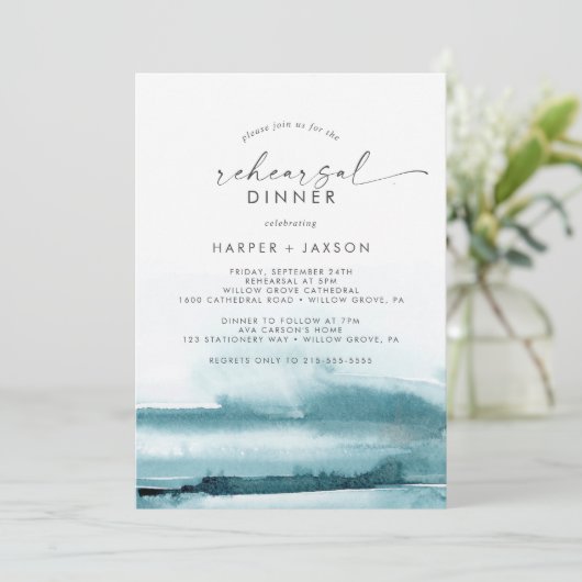 水モダン色 |ティール(緑がかった色)リハーサルディナー 招待状 (スタンド正面)