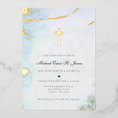 水モダン色 | ブルー&金ゴールドバプテスマ招待状 箔招待状 (正面)