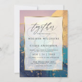 水モダン鮮やか色金ゴールドメイブブルー 招待状 (正面)