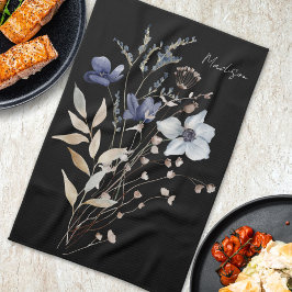 水モノグラムのエレガント色の青い山花 キッチンタオル