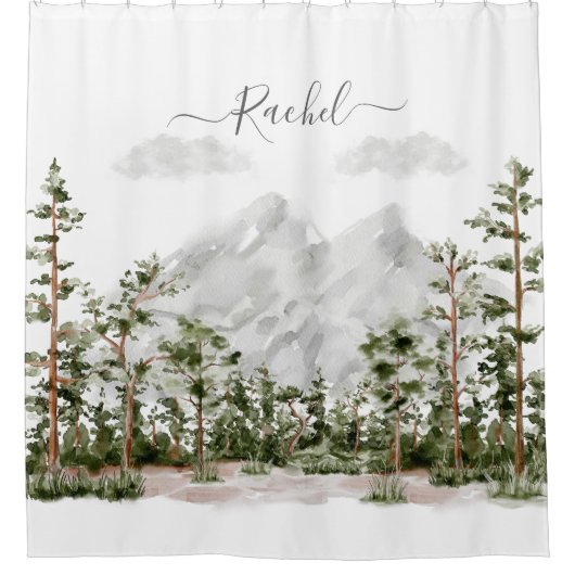水モノグラムの色の山と森 シャワーカーテン (正面)