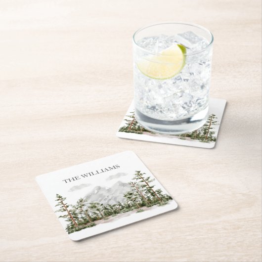 水モノグラムの色の山と森 スクエアペーパーコースター (インサイチュ)