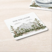 水モノグラムの色の山と森 スクエアペーパーコースター (アングル)