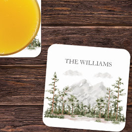 水モノグラムの色の山と森 スクエアペーパーコースター