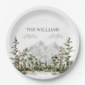 水モノグラムの色の山と森 ペーパープレート (正面)