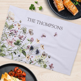 水モノグラムの色の紫の野花 キッチンタオル