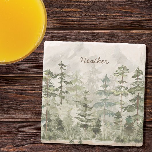水モノグラムの色グリーンパイン森林山 ストーンコースター