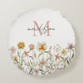 水モノグラムの色ワイルドフラワー牧草地フローラ ラウンドクッション (裏面)