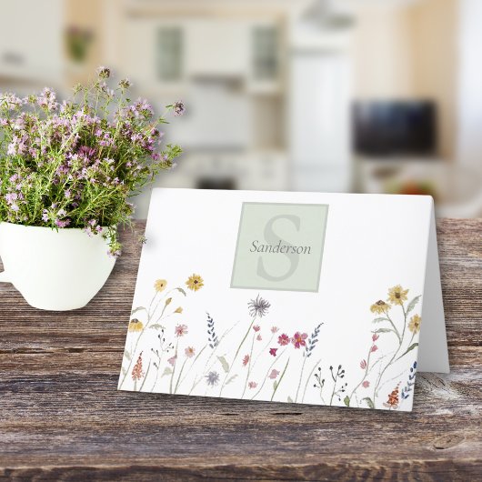 水モノグラムの色ワイルドフラワー サンキューカード