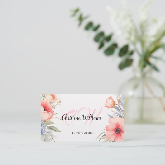 水ユニーク色フローラモノグラム 名刺 (スタンド正面)