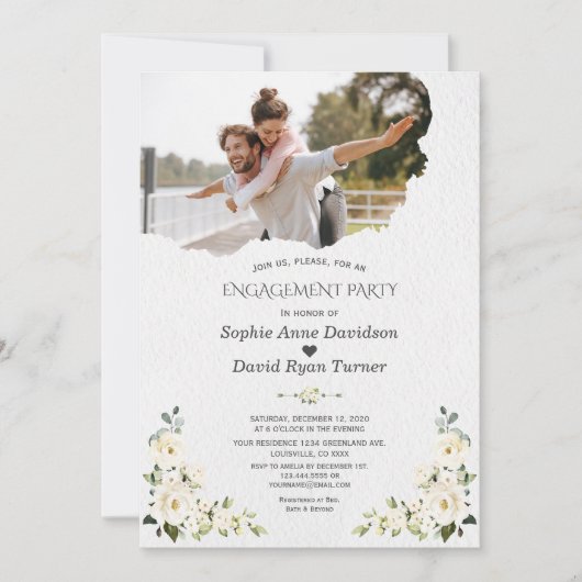 水ユニーク色ホワイトフローラフォト婚約 招待状 (正面)