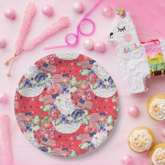 水ユニーク色花の模様とアメリカ国旗 ペーパープレート (パーティー)