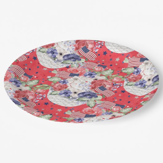 水ユニーク色花の模様とアメリカ国旗 ペーパープレート (アングル)