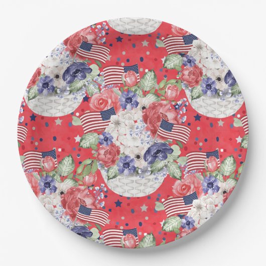 水ユニーク色花の模様とアメリカ国旗 ペーパープレート (正面)