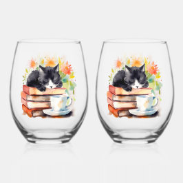 水リラックス色のコージー猫 ステムなしワイングラス